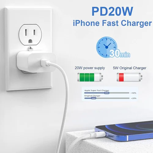 Vista 4 de Cargador rápido USB C para iPhone de 20 W con cable USB C a Lightning y cable compatible para iPhone 14/13/12/11/XS/XR/X/iPad 1Pack USB C Wall