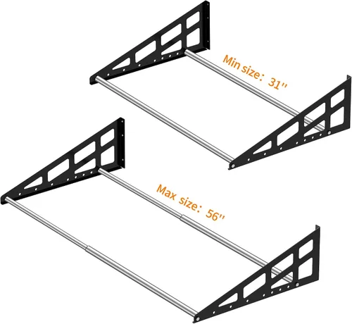 Vista 6 de Soporte de pared para neumáticos, resistente y ajustable de 31 a 56 pulgadas, estantes de ruedas para garaje con varillas telescópicas, garaje