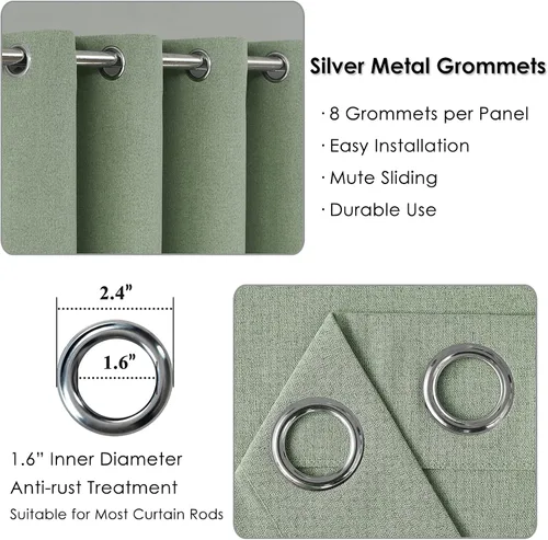 Vista 2 de Melodieux Cortinas opacas de lino verde de 84 pulgadas de largo para dormitorio, sala de estar, arpillera rústica, aislamiento térmico, cortinas
