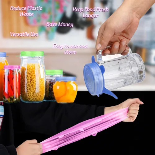 Vista 2 de Tapas elásticas de silicona – Paquete de 18 con cepillo de silicona gratis, 6 tamaños para cuencos, latas y recipientes, cubiertas reutilizables