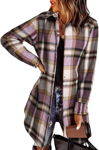 Vista 14 de EVALESS Chamarra Shacket de Cuadros con Bloques de Color para Mujer, Ropa de Otoño, Conjuntos de Moda 1b marrón