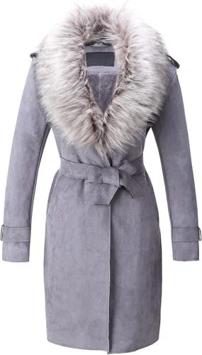Vista 6 de Bellivera Gabardina de piel sintética para mujer, chaqueta de longitud media con forro polar y cuello de piel desmontable Negro