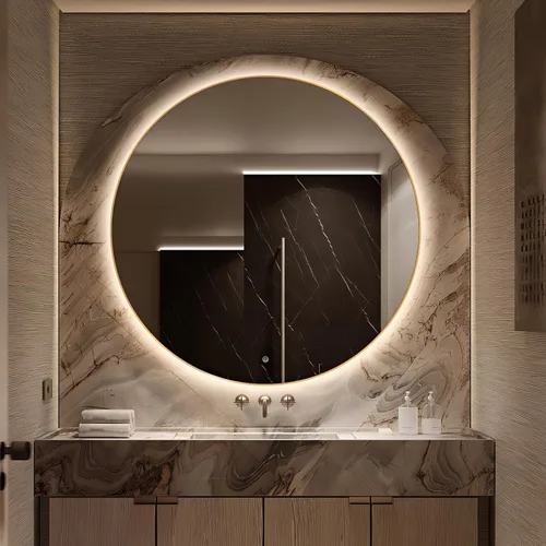Vista 20 de Espejo de Baño LED Redondo de 24", Espejo de Tocador Retroiluminado Montado en Pared con Marco Biselado de 45°, Espejo Iluminado para Dormitorio
