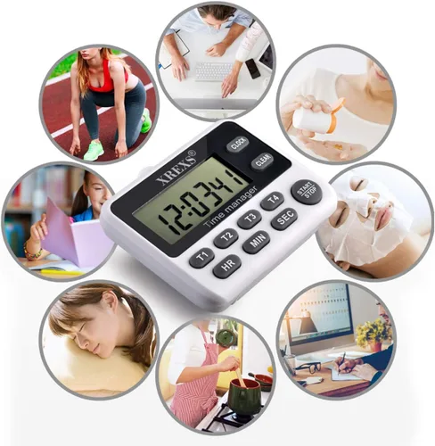 Vista 6 de XREXS Reloj digital de temporizador de cocina de 4 canales con pantalla LCD grande, 4 grupos de temporizador simultáneo de cuenta regresiva