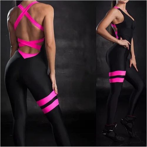 Vista 3 de QWERBAM Mujer Yoga Gym Sportswear Una Pieza Sin Espalda Sexy Chándal Entrenamiento Slim Mono con Almohadilla (Color Rosa, Talla M M)