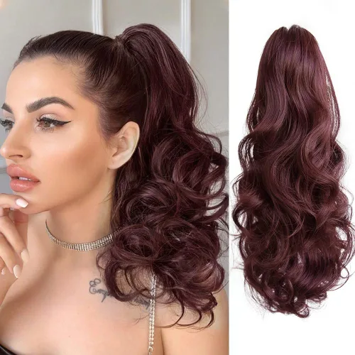 Vista 34 de Extensión de cola de caballo de garra negra natural ondulada de 16 pulgadas, extensiones de cabello sintético rizado con clip, extensiones