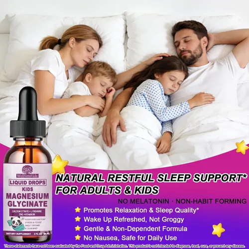 Vista 3 de Líquido de glicinato de magnesio para niños y adultos, glicinato de magnesio 200/100 mg con calcio, L-teanina, vitamina B6 zinc para un sueño