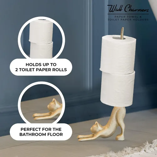 Vista 5 de WallCharmers Soporte para toallas de papel dorado, soporte de papel higiénico o de cocina de metal para piso o encimera, gato dorado
