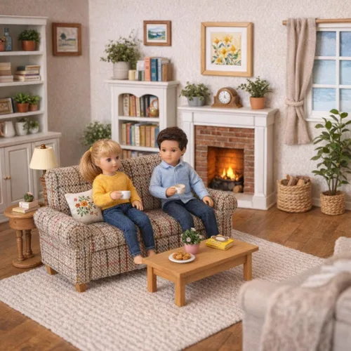 Vista 2 de Sofá de casa de muñecas marrón, muebles de sala de estar en miniatura, sofá biplaza, accesorios para muñecas de 6 pulgadas, escala 1/12, retro