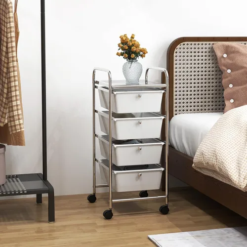 Vista 7 de COSTWAY Carrito de almacenamiento rodante con 4 cajones, carrito de almacenamiento de plástico y organizador con 4 cajones extraíbles, carrito
