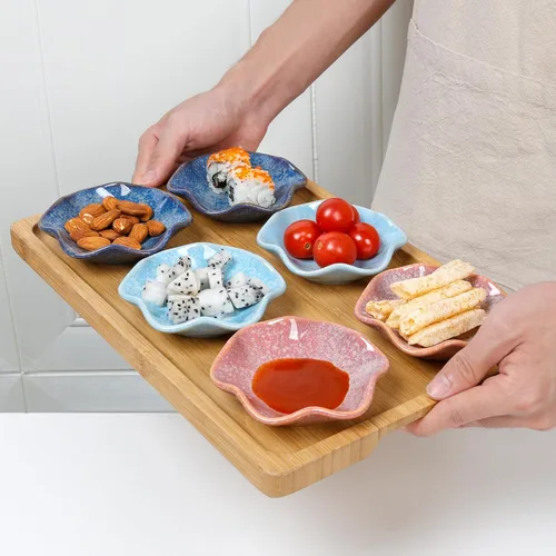 Vista 7 de Juego de 6 Cuencos de Inmersión de Cerámica, Platos para Salsa de Soja, Tazas para Salsas de 2 oz, Platos Laterales Pequeños Redondos de Crisantemo