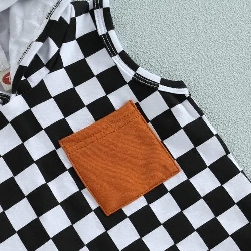 Vista 32 de Conjunto de ropa de verano para bebé niño y niño, diseño a cuadros, manga corta, sudadera con capucha y pantalones cortos casuales