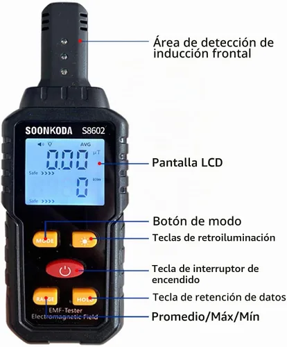 Vista 5 de Medidor EMF 3 en 1, Lector EMF, Detector de Radiación de Campo Electromagnético, Probador EMF para el Hogar, Detector EMF con Alarma de Luz