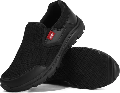 Vista 7 de Jacata Zapatos de trabajo negros antideslizantes para hombre, servicio de alimentos, zapatos de cuero resistentes al agua y antideslizantes sin