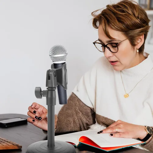 Vista 6 de Soporte de micrófono de escritorio ajustable con placa base estable, soporte de micrófono portátil para podcasting transmisión en vivo de radio