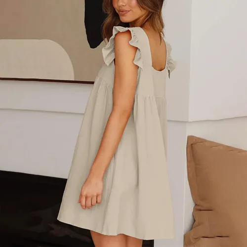 Vista 3 de Vestidos de verano para mujer vestido de corte entallado lindo vestido corto sin mangas cuello cuadrado vestido alto hasta la rodilla