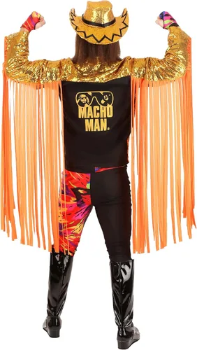 Vista 4 de WWE - Disfraz de hombre macho Randy Savage para hombre, disfraz de luchador de Halloween, sombrero de vaquero de lentejuelas, guantes sin dedos