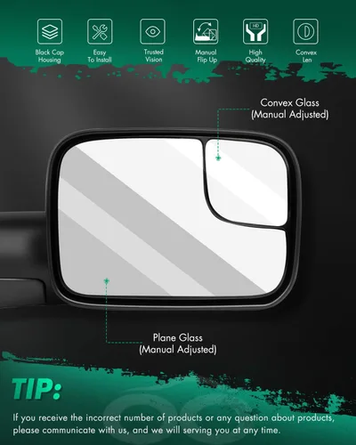 Vista 2 de SCITOO Espejos de remolque compatibles con Ram 2500 3500 1994-2002 con soportes de soporte 1994-2001 para Dodge For Ram 1500 Manual negro lateral