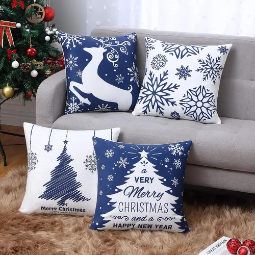 Vista 2 de Juego de 4 fundas de almohada de Navidad de 18 x 18 pulgadas, fundas de almohada de Navidad azul marino, copos de nieve, fundas de almohada de Feliz