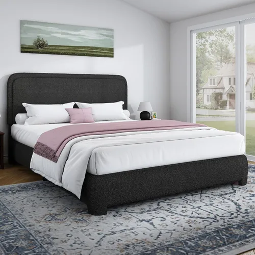 Vista 15 de Base de cama individual, cabecera Cloud Boucle, esquinas redondeadas, color beige