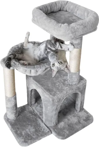 Vista 3 de Pesofer - Árbol para gatos, torre pequeña para gatos con poste de rascar de sisal y hamaca, gris claro