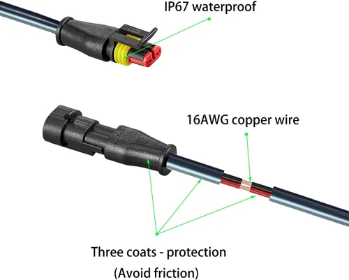 Vista 3 de Conector de 2 pines, moldeado por inyección, 16 AWG macho y hembra, conectores impermeables de 2 hilos, conectores de cable eléctrico IP67