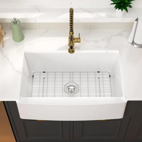 Vista 11 de Fregadero de 33 unidades de arcilla refractaria de 33 x 20 x 10 pulgadas, color blanco, fregadero de cocina de porcelana de cerámica, estilo casa