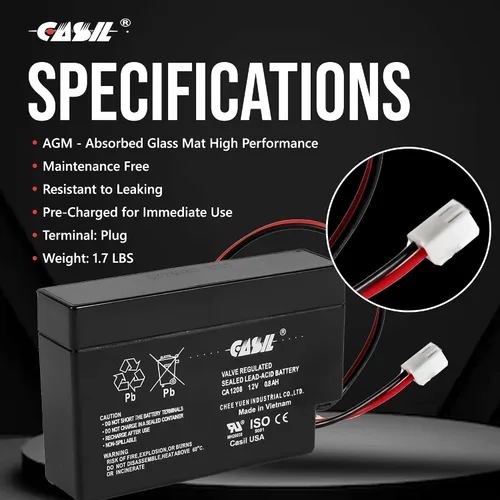 Vista 4 de Casil Batería recargable de ciclo profundo sellada AGM de 12V 0.8Ah para CP1208 DJW12-0.8 LP12-0.8 NP0.8-12 PS-1208 SLA1000 UB1208 TP12-0.8