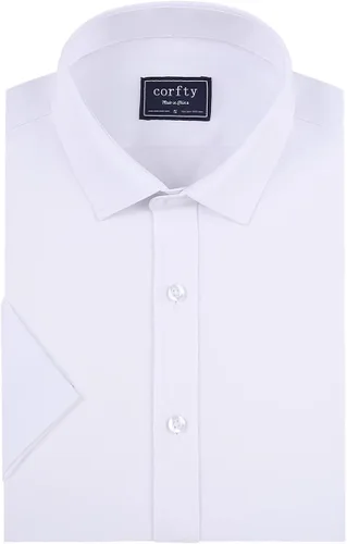 Vista 3 de corfty Camisa de vestir de manga corta para hombre, ajuste regular, elástica, sin arrugas, casual, con botones