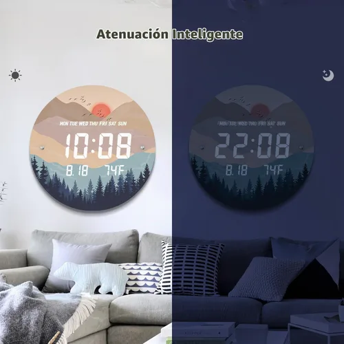 Vista 4 de Reloj de pared digital inteligente iluminado con puesta de sol automático con calendario de temperatura y tiempo, relojes de pantalla grande, reloj