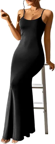 Vista 4 de Yajedo Vestido formal para mujer, sexy, casual, para descansar, con tirantes delgados, entallado, sin mangas, vestido largo sin negro