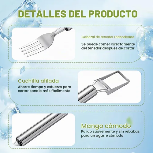 Vista 5 de Cortador de frutas de acero inoxidable 2 en 1, herramienta de corte de tenedor de sandía 2026, herramienta de corte de sandía de verano, herramienta