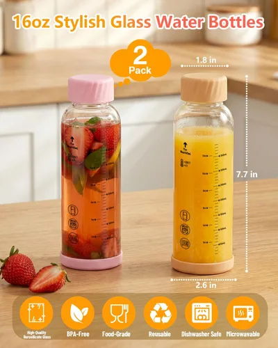 Vista 2 de Zukro Botellas de agua de vidrio con tapa de acero inoxidable de 16 onzas Rosa-ámbar
