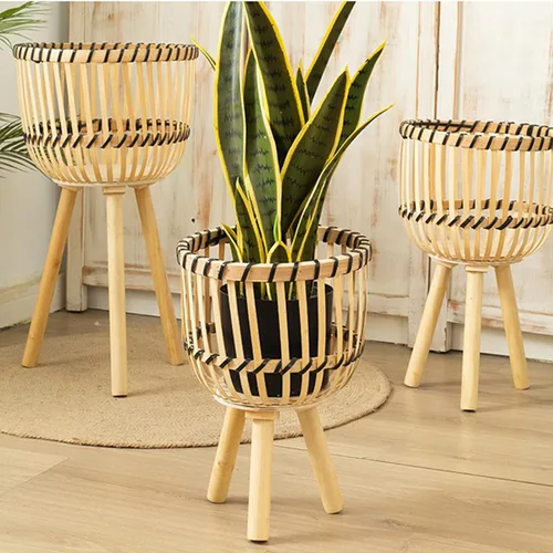 Vista 3 de Soporte tejido de bambú para macetas con patas de madera, cesta de ratán interior, macetas, soporte tejido para plantas de interior, soporte