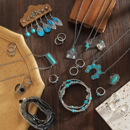 Vista 9 de IFKM Bohemian Jewelry Set With Turquoise Necklace, Dangle Earrings, Stackable Bangle Bracelets, Knuckle Rings For Women Vintage Western Boho