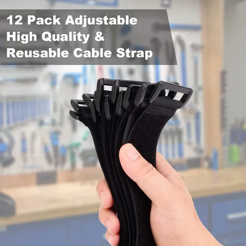 Vista 2 de Brida de cables de 1.5 x 24 pulgadas, paquete de 12 correas adhesivas de sujeción ajustable resistente con hebilla de anillo en D de plástico