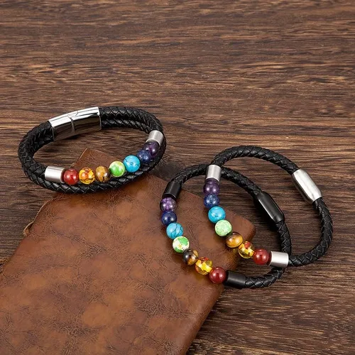 Vista 4 de Zboro - Pulsera de 7 chakras con cuero genuino para hombres y mujeres, cristal natural, curativo para la ansiedad, pulsera de meditación