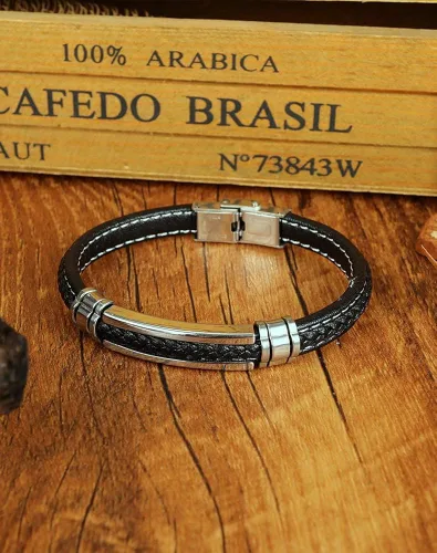 Vista 5 de FILOBOKO Pulsera de cuero negro para hombres adolescentes y niños, pulsera de hebilla ajustable de acero inoxidable plateado para hombres, Metal,