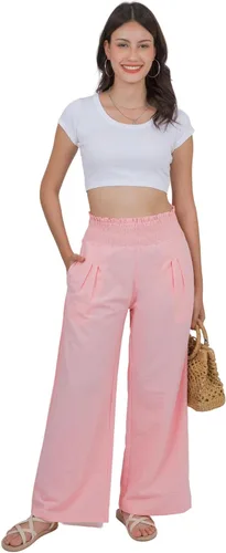Vista 6 de LOFBAZ Pantalones palazzo de lino de pierna ancha para mujer, pantalones holgados casuales bohemios, de cintura alta, para playa, descanso