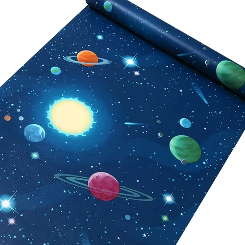 Vista 3 de MyFun Papel tapiz de planetas solares de 11 yardas, diseño espacial del universo de fantasía, calcomanías extraíbles para habitación de niños, 48.4