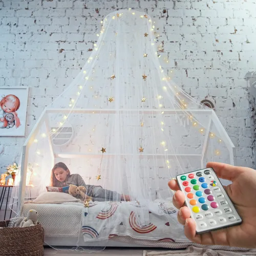Vista 3 de Bollepo Toldo de cama de arcoíris y LED para niñas con estrellas brillantes – Decoración de habitación de red de cuna de princesa Cortinas de cama