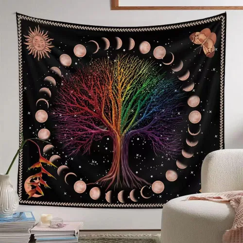 Vista 4 de Tapiz de árbol de la vida, misterioso árbol de los deseos, tapiz de arte estético para colgar en la pared, psicodélico, hippie, bohemio, arte