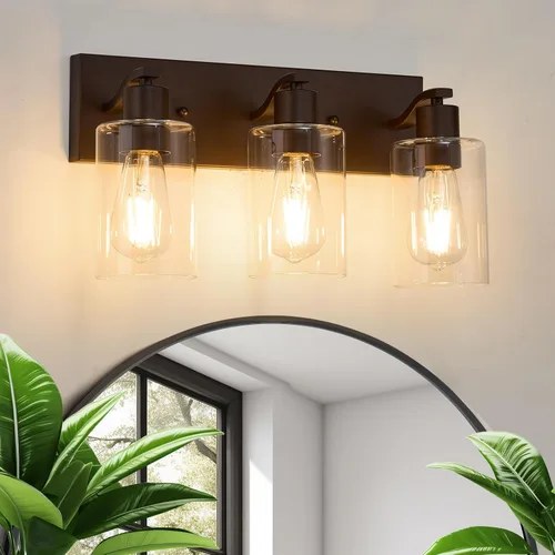 Vista 13 de 2 Luces de Iluminación para Baño, Accesorios de Iluminación de Tocador en Bronce Cepillado con Soporte de Vidrio Transparente de 33cm, Lámparas