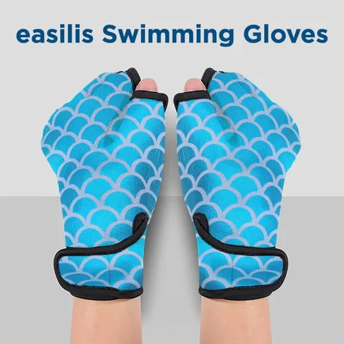 Vista 7 de Guantes acuáticos de natación para mujeres y hombres, guantes de agua con resistencia de malla para natación y aeróbic acuático, diseño de escamas
