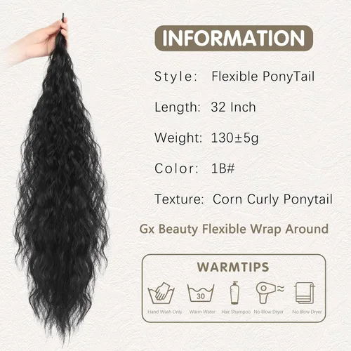 Vista 2 de Gx Beauty Extensión de cola de caballo flexible de 32 pulgadas, extensión de cola de caballo rizada de maíz largo, extensión de cola de caballo