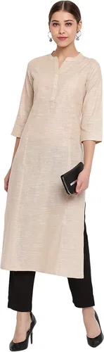 Vista 3 de Janasya Indian - Kurta recta de algodón rosa para mujer con bolsillo lateral, Rosado