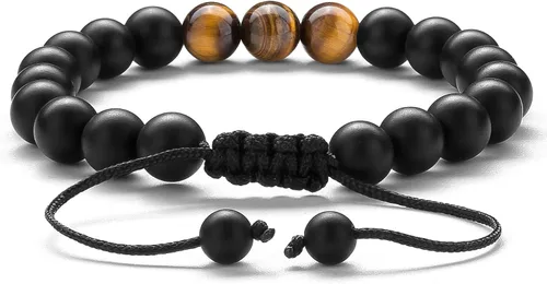Vista 5 de Pulsera elástica Hamoery con cuentas naturales de ojo de tigre de 8 mm, para mujer y hombre