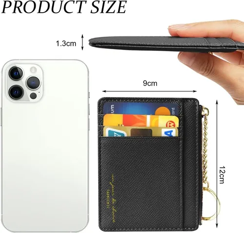 Vista 100 de URAQT Cartera para tarjetas de crédito, cartera minimalista de cuero delgado con cremallera, mini protector de tarjeta de crédito, llavero bolsillo