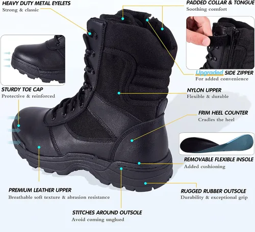 Vista 4 de Botas de trabajo tácticas militares para hombre, con cremallera lateral, botas de combate del ejército de la selva, 12