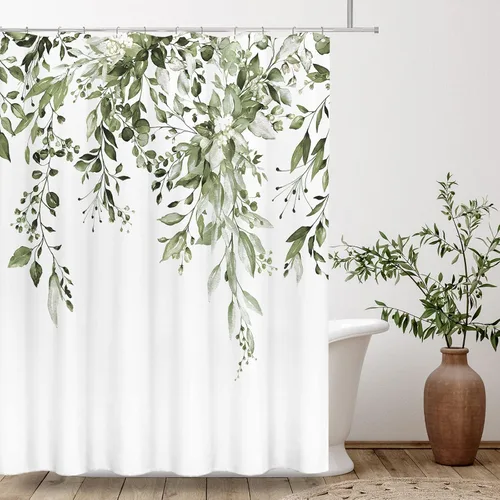 Vista 112 de Tititex - Juego de cortinas de ducha de eucalipto negro, hojas de acuarela gris en la parte superior, con decoración floral de baño, 60 x 72